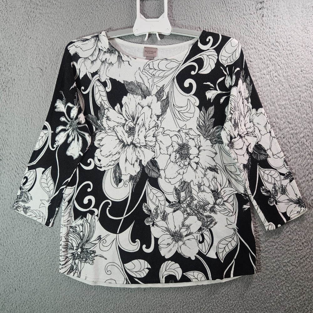 Chico's Easywear Knit Top Women Size 1 Floral Print Black White